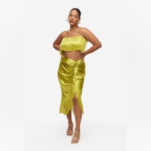 Yellow satin fringe skirt and top set